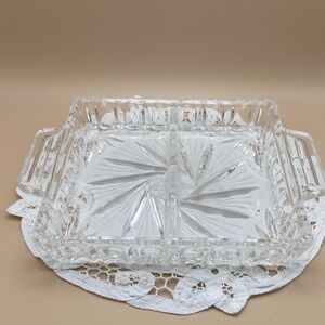 Vintage Heavy Crystal Square Pinwheel 2 Section Divided Serving Relish Dish